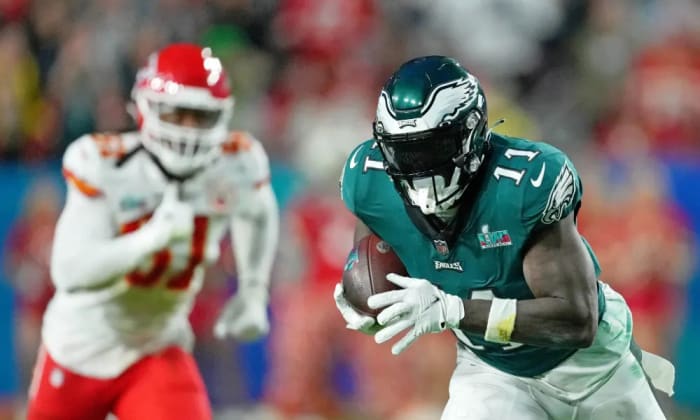 A.J. Brown makes a play after the catch in the Super Bowl.